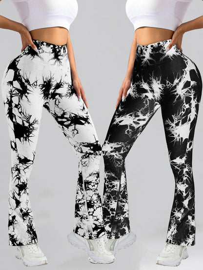 2 Pack Tie Dyed High Waisted Flared Butt-lifting Fitness Sports Women's Yoga Bell-bottom Pants