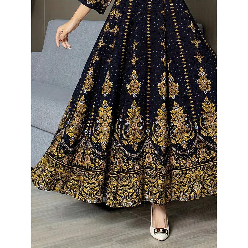 Women's Boho V Neck Maxi Dress Elegant 3 4 Sleeve Ethnic Floral Print Swing Dress