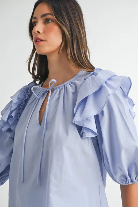 MABLE Stripe Ruffle Shoulder Puff Sleeve Blouse