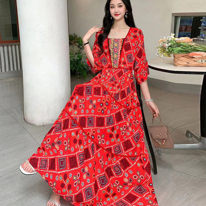 Summer Vintage Cotton Silk Ethnic Style Embroidered Dress Women