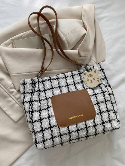 Women’s Plaid Shoulder Bag – Large Capacity Fashion Commuter Tote with Pendant