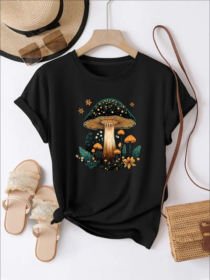 Vibrant Mushroom & Star Print Relaxed Fit Crew Neck Short Sleeves Casual T-Shirt