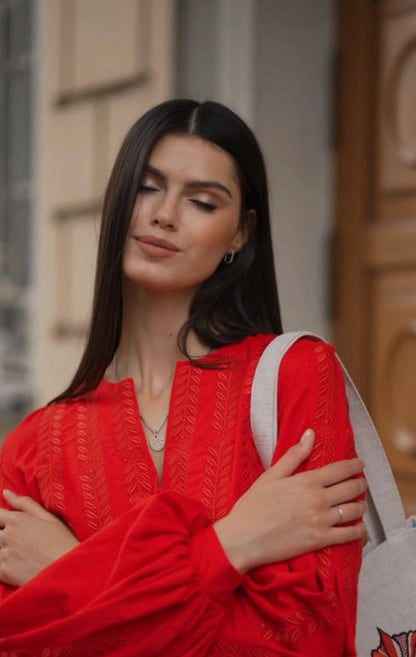2025 Red Linen Embroidered Blouse – Ukrainian Vyshyvanka Boho Style, Gift for Her