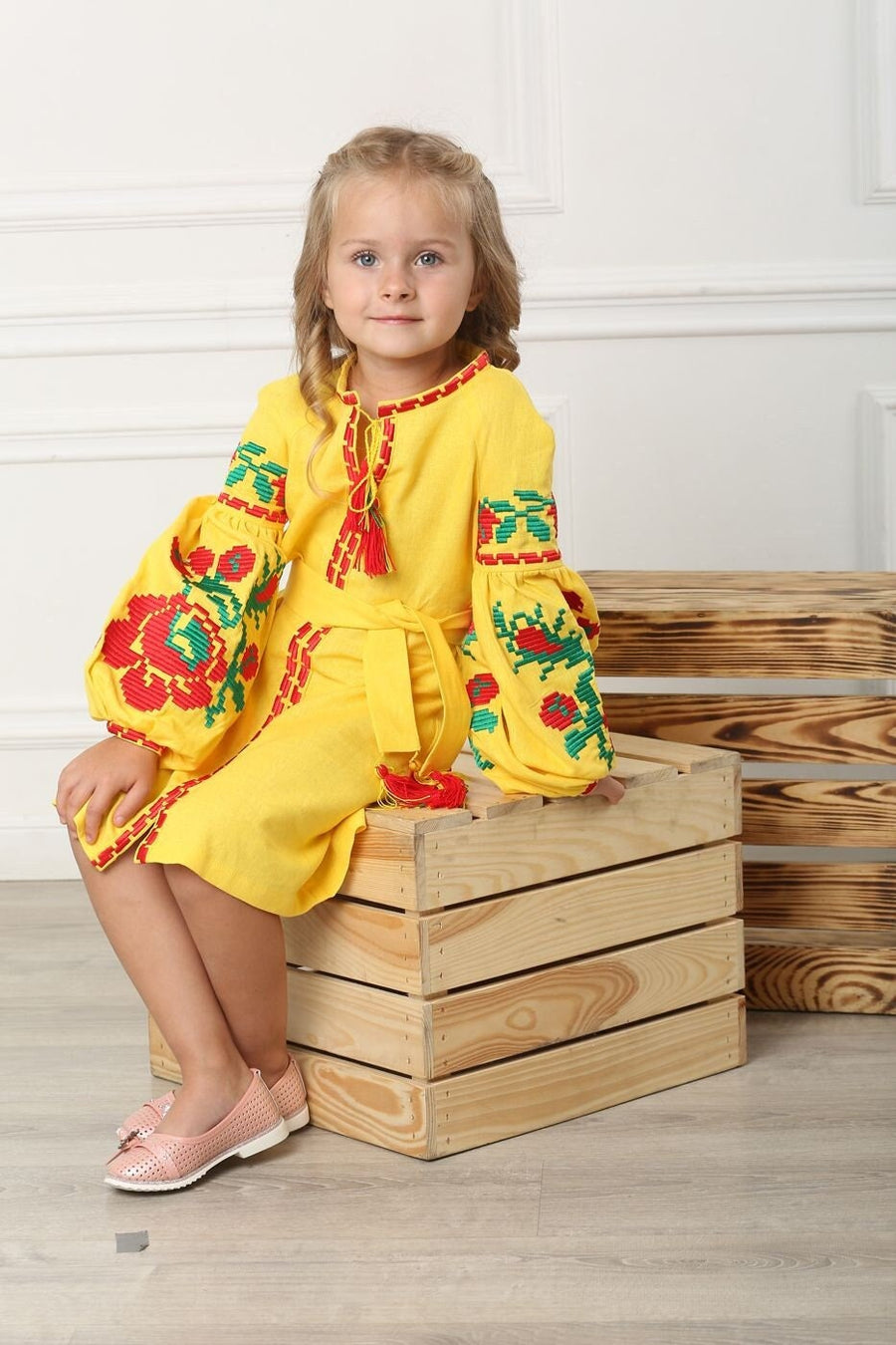 2025 Yellow Linen Embroidered Dress for Girls – Ukrainian Vyshyvanka with Floral Cross-Stitch