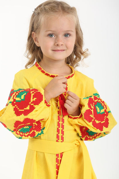 2025 Yellow Linen Embroidered Dress for Girls – Ukrainian Vyshyvanka with Floral Cross-Stitch