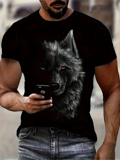 3D Digital Cool Wolf Contrast Color Eye Pattern Round Neck T-shirt