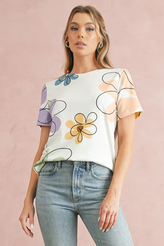 Summer Flower Print Round Neck T Shirt