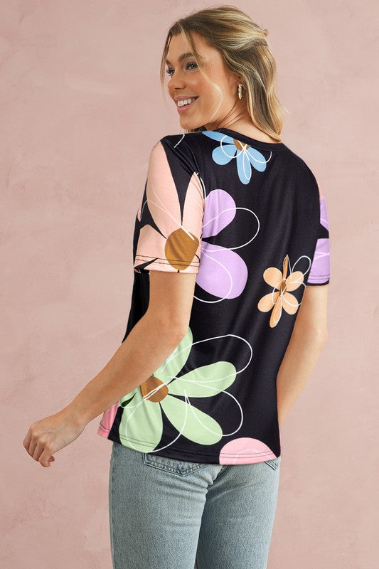 Summer Flower Print Round Neck T Shirt