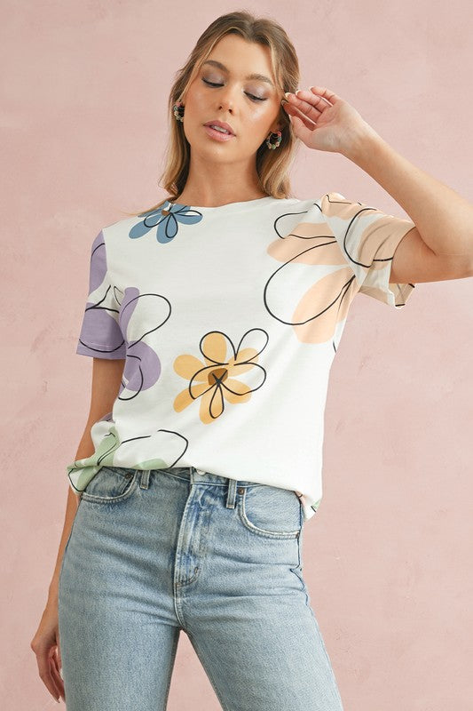 Summer Flower Print Round Neck T Shirt