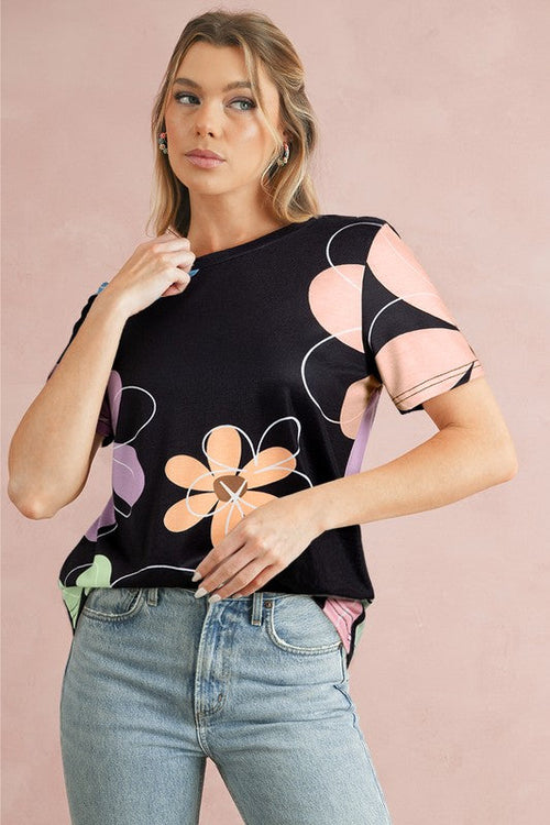 Summer Flower Print Round Neck T Shirt