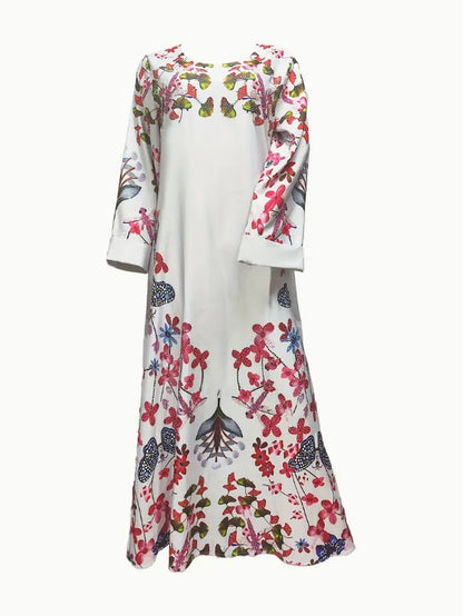 Elegant Floral Print Long Sleeve Abaya Dress