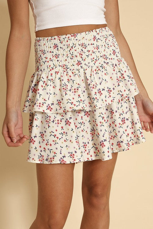 Floral smocked ruffle mini skirt