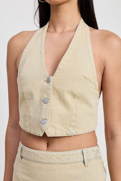 BUTTON DOWN HALTER NECK TOP
