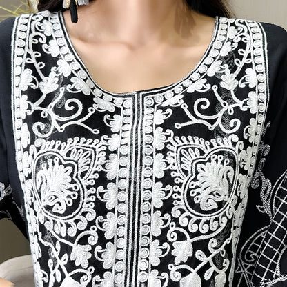 Women's Ethnic Style Floral Embroidered Dress, Elegant 3 4 Sleeve Swing Dress