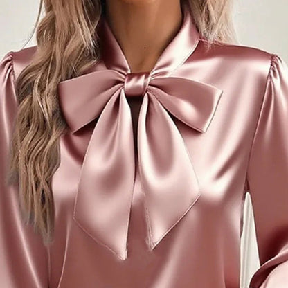 Women's Solid Color Satin Long Sleeve Casual Shirt With Bow Decor Blouse