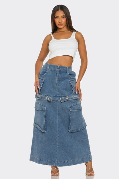 Utility Denim Maxi Skirt