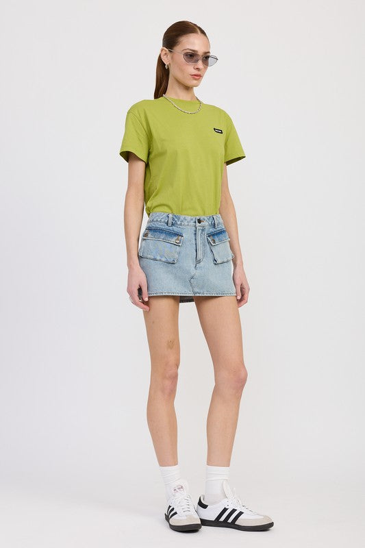 LOW WAIST DENIM MINI SKIRT WITH POCKETS
