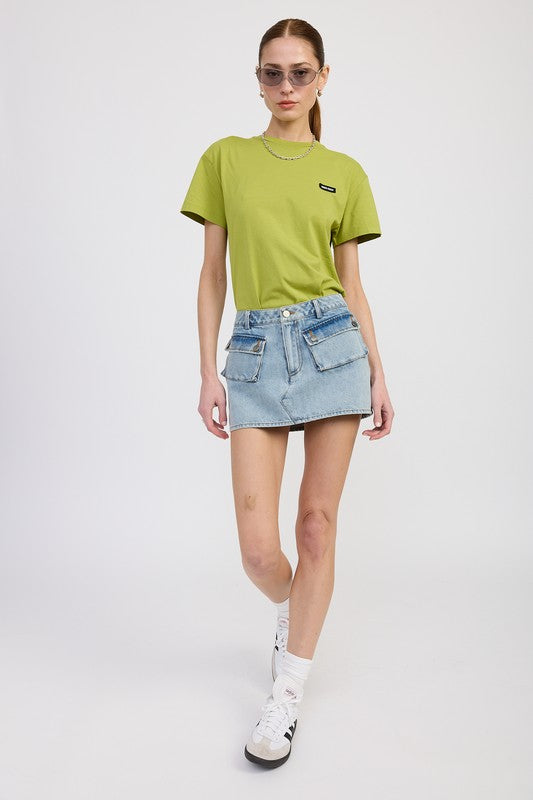 LOW WAIST DENIM MINI SKIRT WITH POCKETS