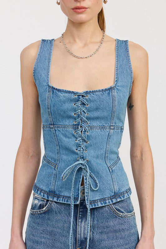 DENIM LACE UP BUSTIER TOP