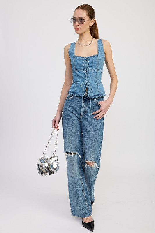 DENIM LACE UP BUSTIER TOP