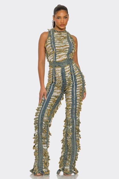 Raw Edge Frayed Denim Jumpsuit