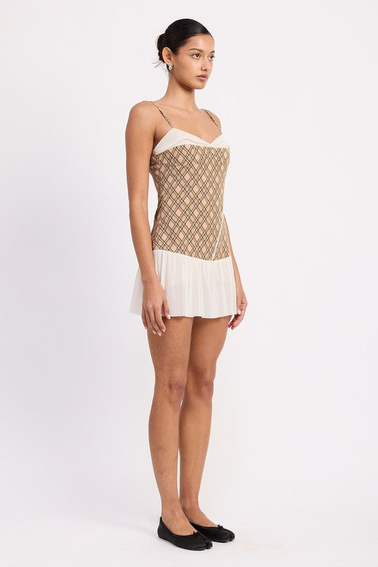 PLAID RUCHED MINI DRESS WITH CONTRAST TRIM