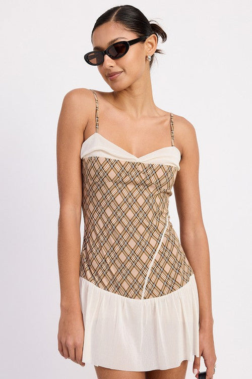 PLAID RUCHED MINI DRESS WITH CONTRAST TRIM