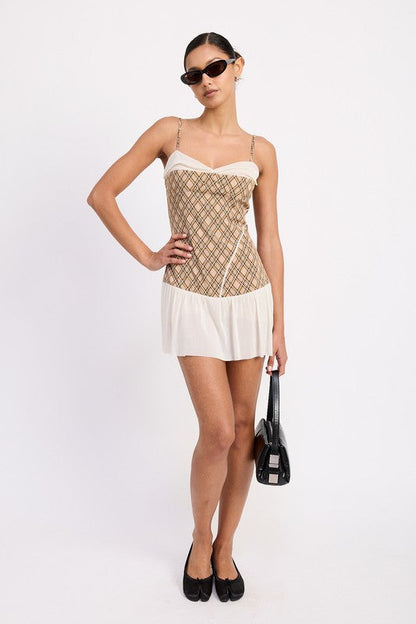 PLAID RUCHED MINI DRESS WITH CONTRAST TRIM