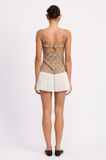 PLAID RUCHED MINI DRESS WITH CONTRAST TRIM