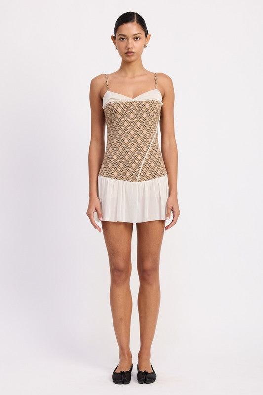 PLAID RUCHED MINI DRESS WITH CONTRAST TRIM