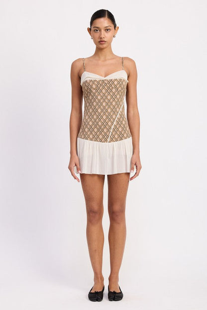 PLAID RUCHED MINI DRESS WITH CONTRAST TRIM