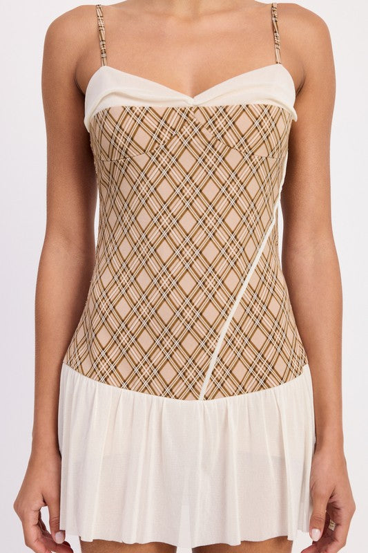 PLAID RUCHED MINI DRESS WITH CONTRAST TRIM