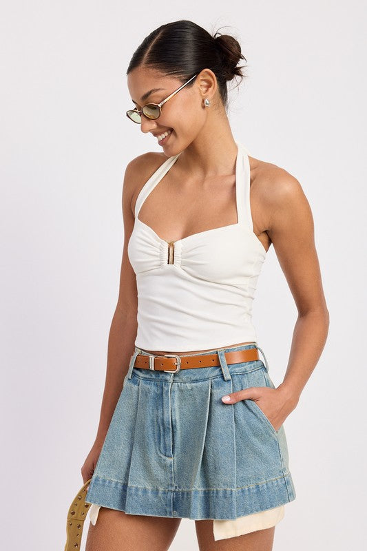 PLEATED DENIM MINI SKIRT WITH CONTRAST HEM DETAIL