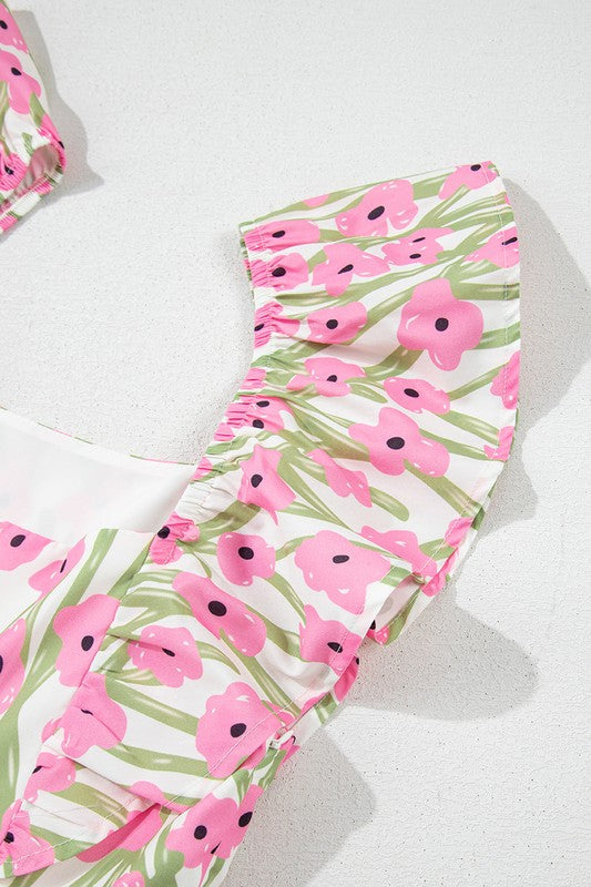 Pink Floral Square Neck Ruffled Strap Maxi Dress