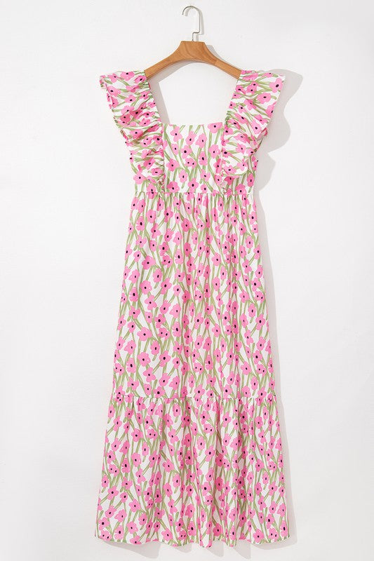 Pink Floral Square Neck Ruffled Strap Maxi Dress