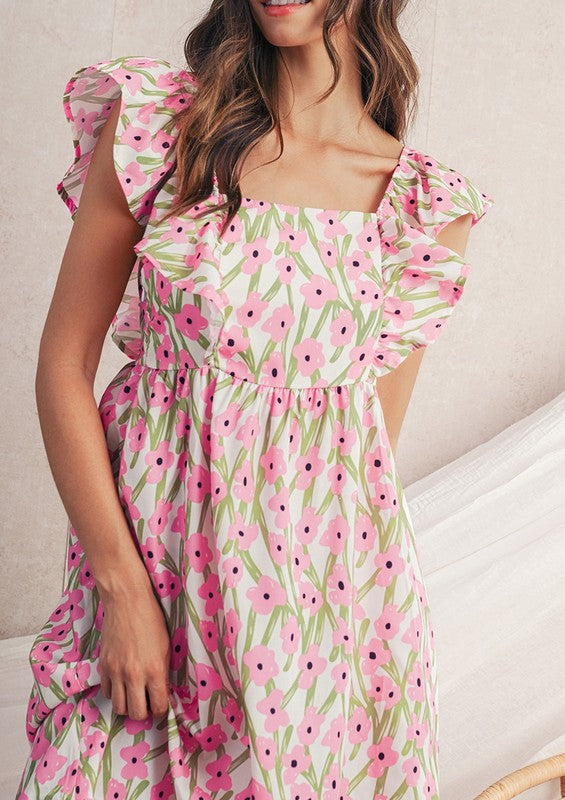 Pink Floral Square Neck Ruffled Strap Maxi Dress