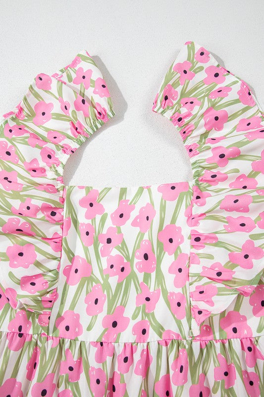 Pink Floral Square Neck Ruffled Strap Maxi Dress