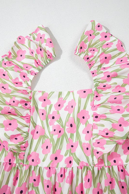 Pink Floral Square Neck Ruffled Strap Maxi Dress