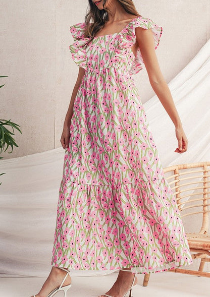 Pink Floral Square Neck Ruffled Strap Maxi Dress