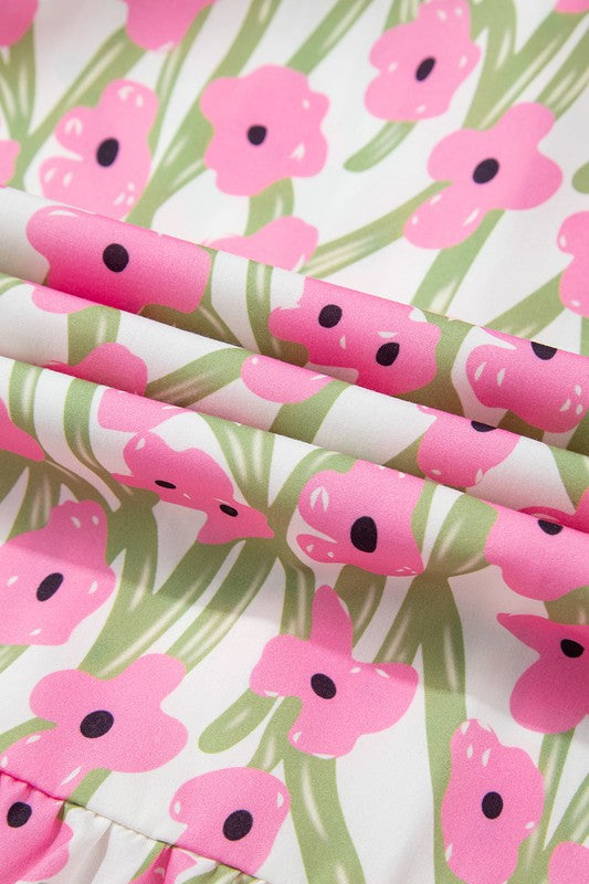 Pink Floral Square Neck Ruffled Strap Maxi Dress