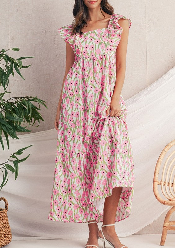 Pink Floral Square Neck Ruffled Strap Maxi Dress