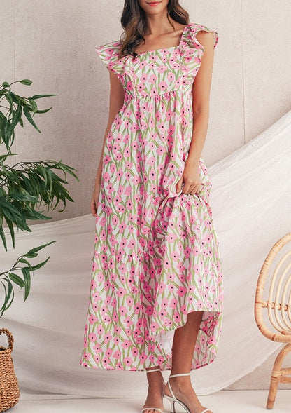 Pink Floral Square Neck Ruffled Strap Maxi Dress
