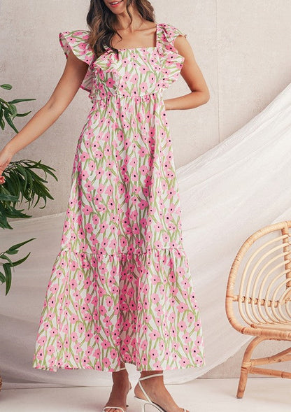 Pink Floral Square Neck Ruffled Strap Maxi Dress