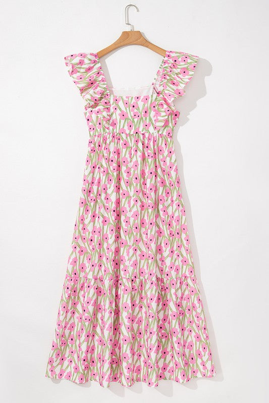 Pink Floral Square Neck Ruffled Strap Maxi Dress