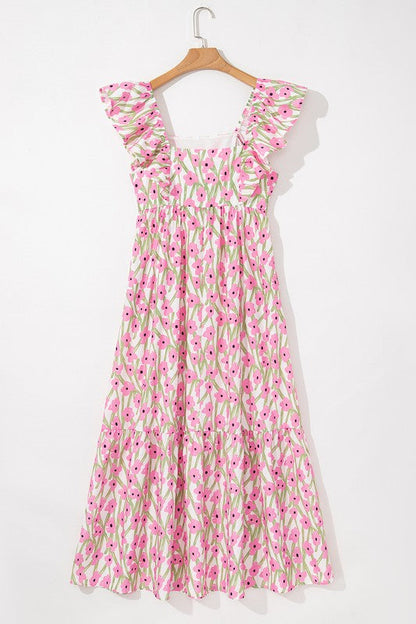 Pink Floral Square Neck Ruffled Strap Maxi Dress
