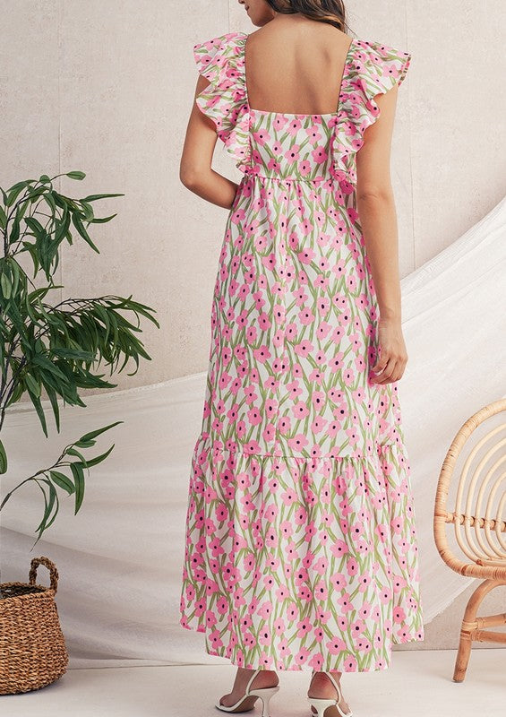 Pink Floral Square Neck Ruffled Strap Maxi Dress