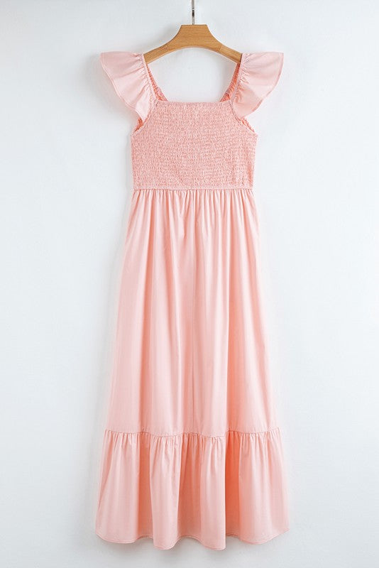 Cotton Flutter Smocked High Waist Ruffle Maxi