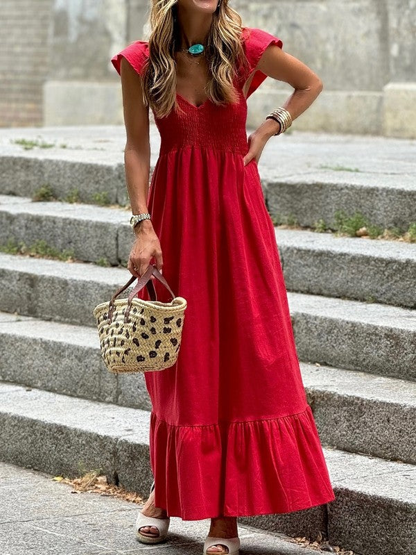 Cotton Flutter Smocked High Waist Ruffle Maxi