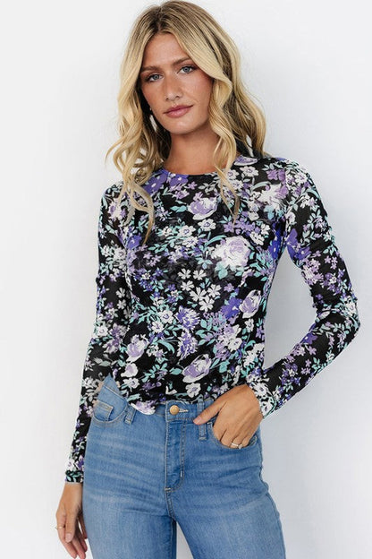 Floral Print Mesh Fitted Long Sleeve Top