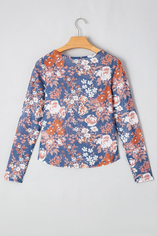 Floral Print Mesh Fitted Long Sleeve Top
